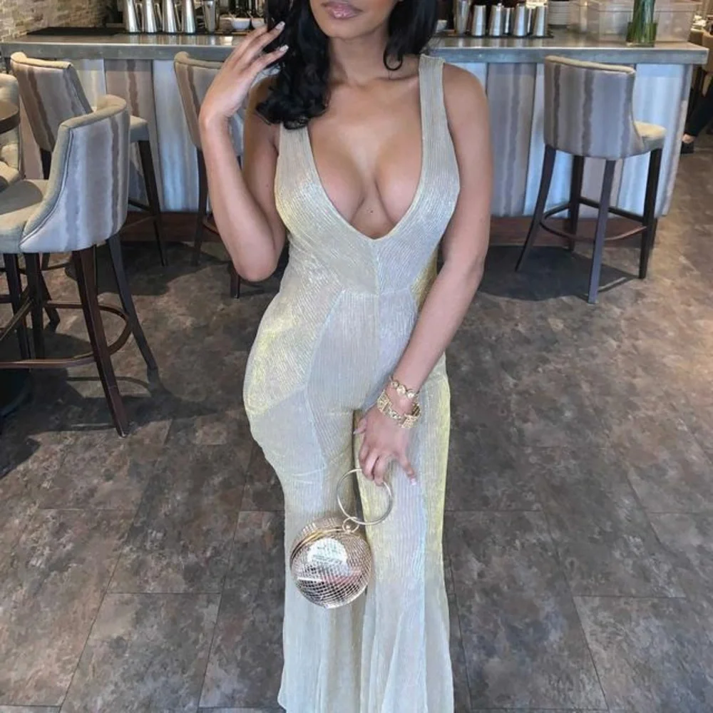 House of CB 'Fallon' champagne lurex kick flare jumpsuit - Picture 7 of 9